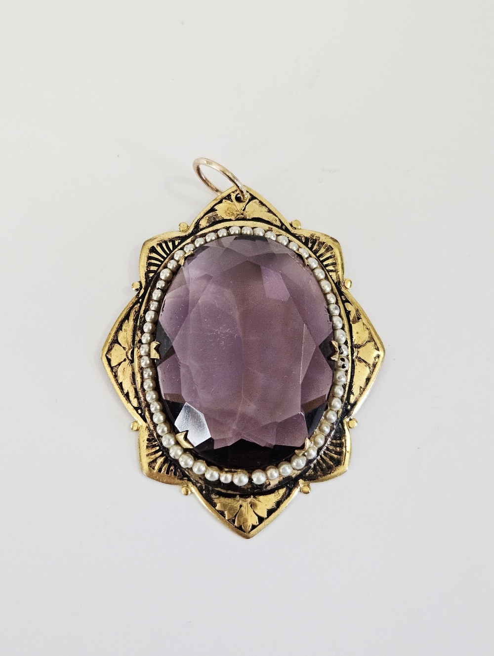 Antique Victorian Edwardian Brass Seed Pearl Enamel Pendant Converted Brooch - Picture 1 of 15
